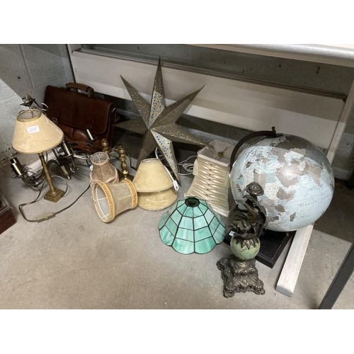 428 - Leather satchel, 5 branch ceiling light, pair of brass bedside lamps, desk globe A/F, various shades... 