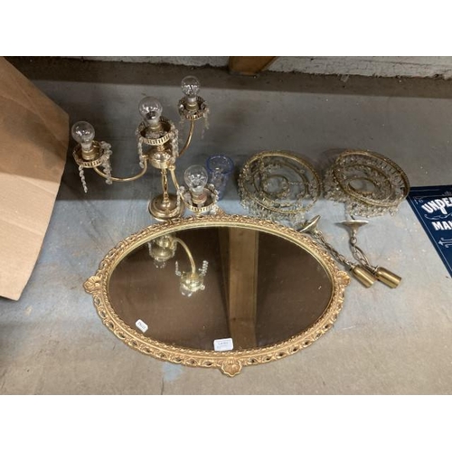 431 - Gilt framed oval wall mirror 35x60cm, 2 gilt & crystal chandeliers & a 3 branch ceiling light