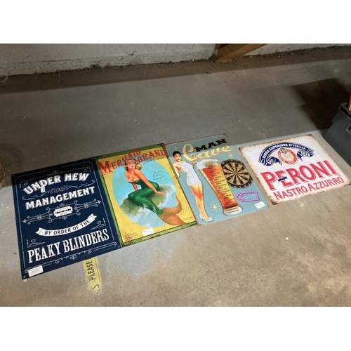 432 - 4 reproduction metal signs inc. Peroni, Man Cave etc., NEW 30x40cm