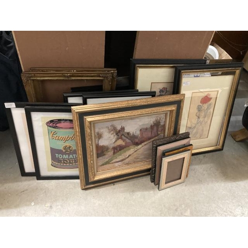 437 - Collection of pictures inc. oil on board, 2 Campbell's Soup can prints, gilt picture frames etc.