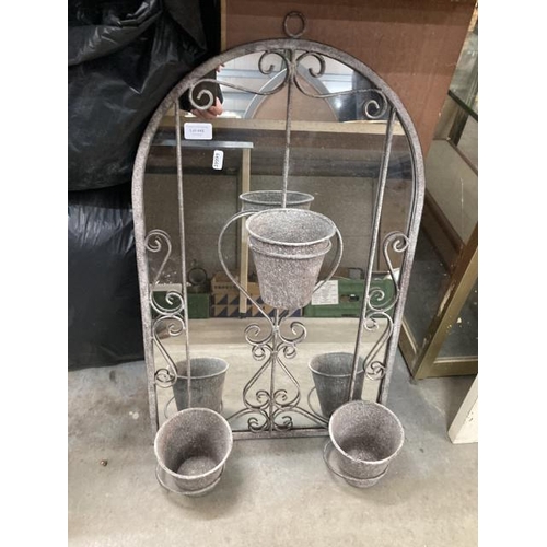 448 - Metal garden mirror with 3 attached planters 68H 45W