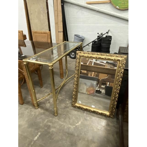 47 - Gilt framed wall mirror 60 x 83cm & a brass effect and glass console table 78H 112W 38D