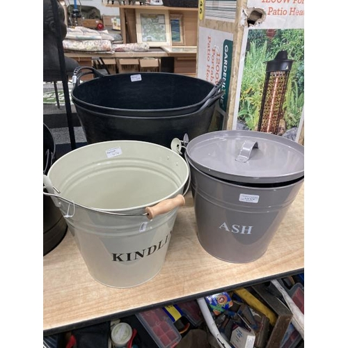 474 - 2 large rubber 2 handled buckets, cream metal kindling bucket and a grey lidded ash bucket (NEW)