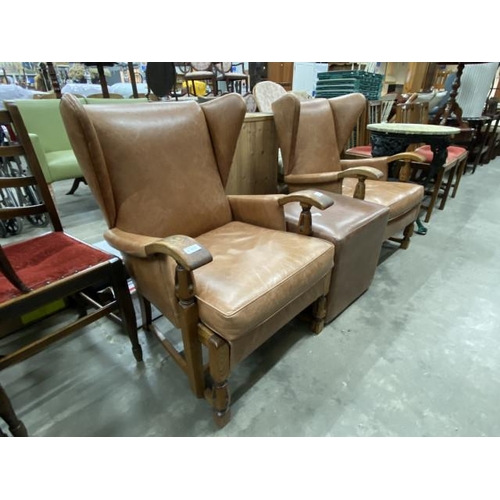 56 - Pair of 1950's oak framed with tan leather wing armchairs 92H 67W60D and a brown leather box footsto... 