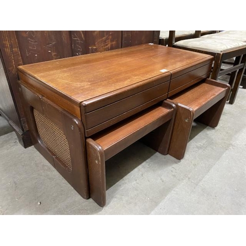 60 - Mid century teak nest of three tables with two drawers 43H 97W 49D