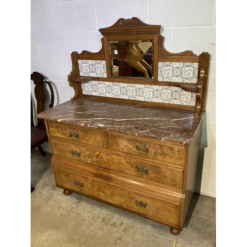 68 - Victorian walnut marble topped wash stand with tiled back 152H 122W 56D