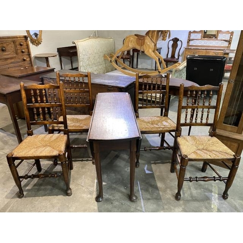 85 - Georgian oak drop leaf dining table 69H 40-116W 105D and 4 spindle back chairs