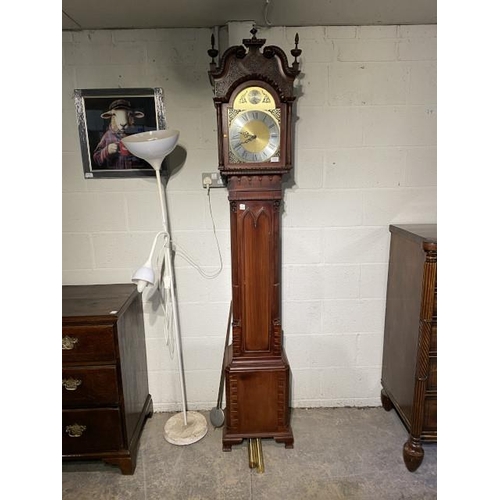 87 - Mahogany longcase clock in the manor of Thomas Chippendale 220H 38W 27D with 2 weights and a pendulu... 