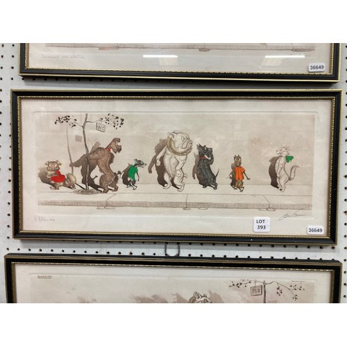 393 - 3 framed signed Boris O'Klein (1893-1985) 'Dirty Dogs Of Paris' coloured etchings, 'Each In Turn', '... 