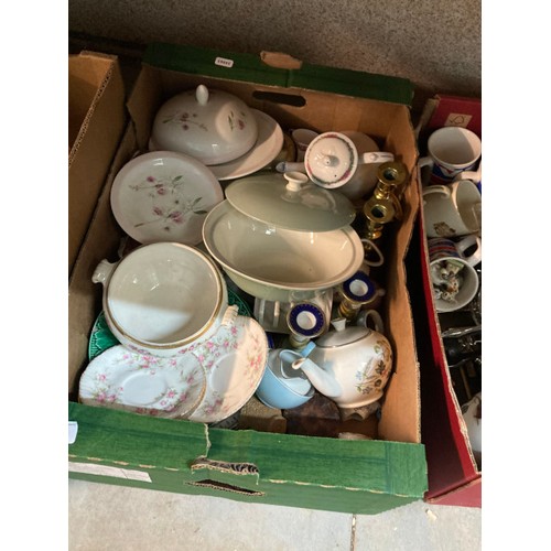 449 - 12 boxes of assorted collectables including part tea sets, teapots, mugs, jugs including Wade, Edinb... 