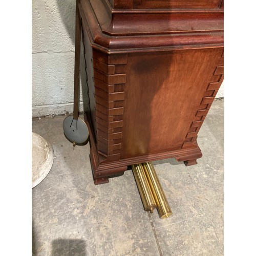 87 - Mahogany longcase clock in the manor of Thomas Chippendale 220H 38W 27D with 2 weights and a pendulu... 