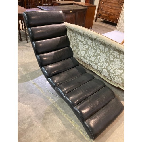 77 - Black faux leather lounge chair with chromed metal base 92H 60W 140D (as found)