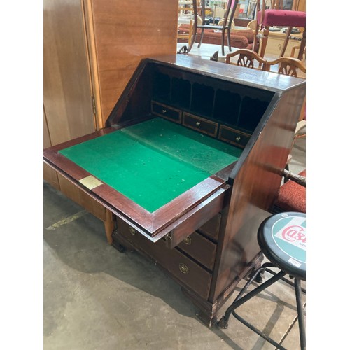 35 - Mahogany inlaid bureau with brass handles 103H 68W 47D