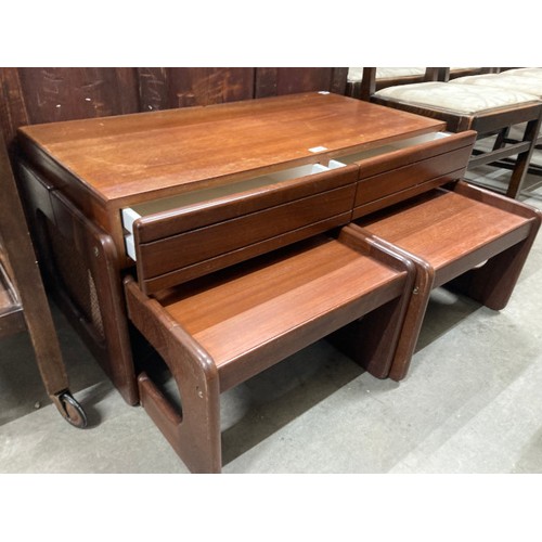 60 - Mid century teak nest of three tables with two drawers 43H 97W 49D