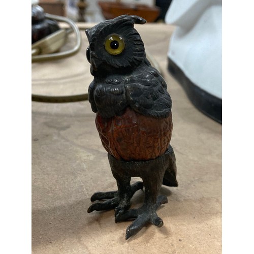 384 - Box of collectables inc. 19th century cold cast owl with glass eyes & walnut shell middle, Wade hous... 