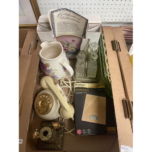 366 - 4 boxes of collectables inc. pewter bowl, vintage telephone, Stuart carafe, mirror, Collins pop-up b... 