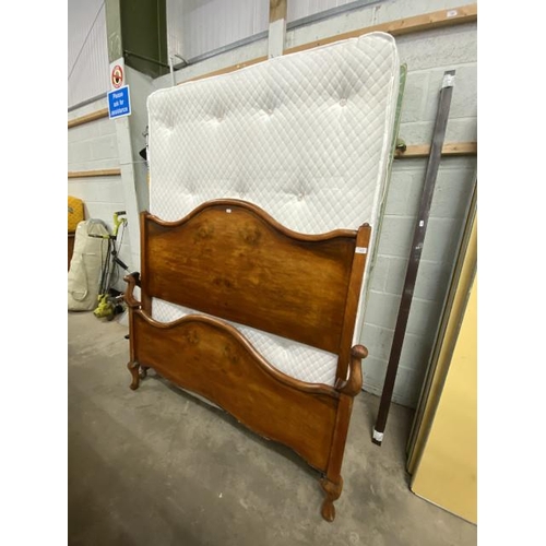 10 - Walnut double bedframe with side irons, mattress and bed base