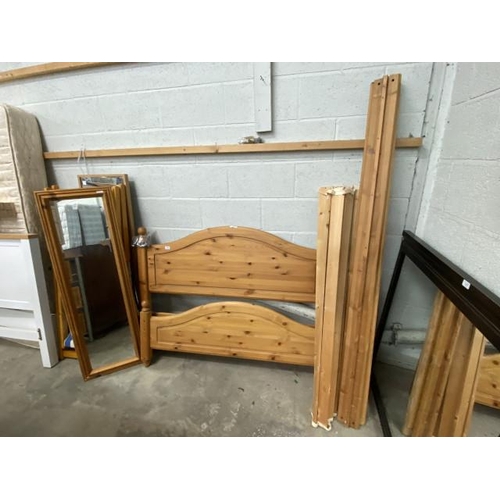 18 - Pine framed dressing mirror 134H 43W, a pine double bed frame with side rails and lats