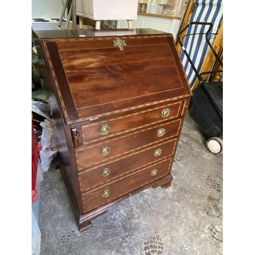 20 - Mahogany inlaid bureau with brass handles 103H 68W 47D