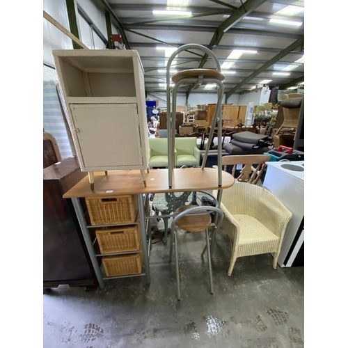 21 - Contemporary bar/breakfast table with two chairs 93H 115W 40D, Lloyd Loom style bedroom chair 61W an... 