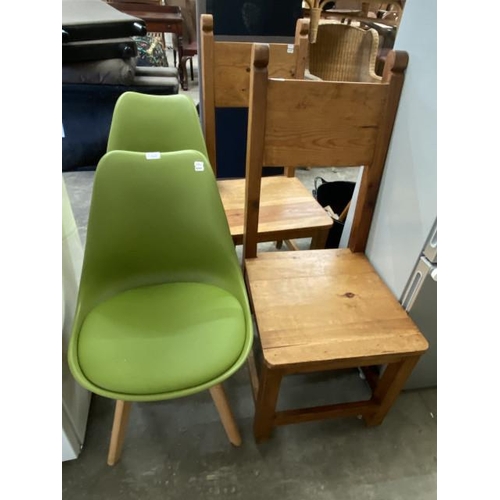 24 - 2 green Eames style chairs 48W and 2 pine kitchen chairs 109H 47W 45D