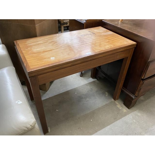 30 - 1970's teak fold over card table 71H 92W 51-102D