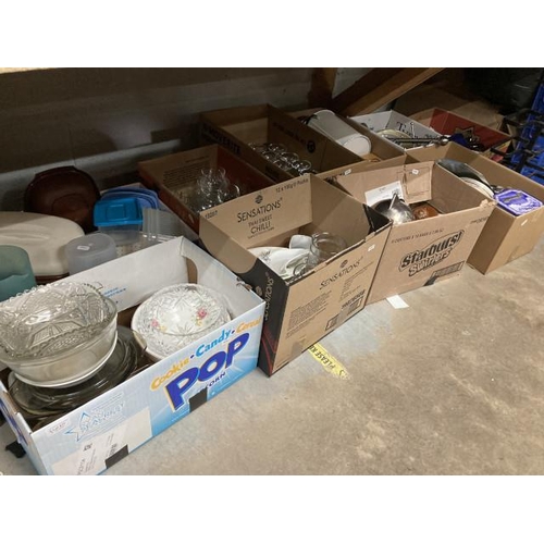 477 - 10 boxes of kitchenalia, glasses, tins etc.