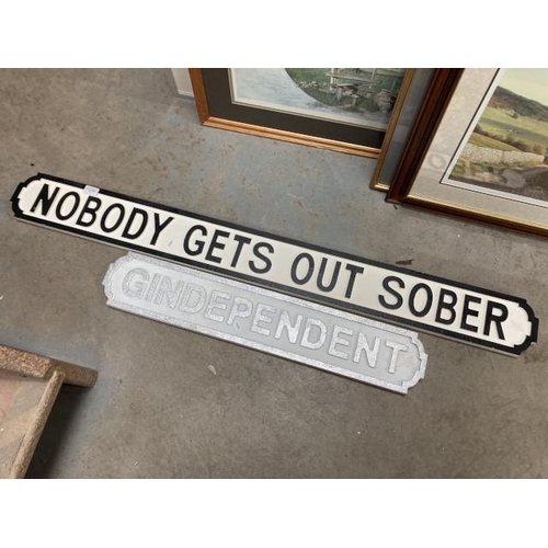 485 - 2 wooden signs 'Prosecco Time' 78x14cm & 'Nobody Gets Out Sober' 133x14cm