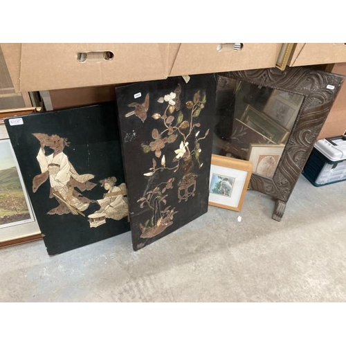 487 - 2 Japanese lacquered panels (For restoration) 45x75cm & 46x65cm, Lowry print, Gothic carved oak fire... 