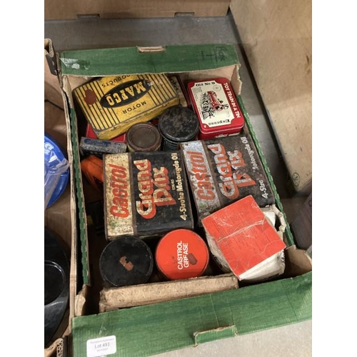 493 - Box of vintage tins including Castrol Grand Prix oil, MAFCO, Toy Train in a Tin, Granville  Grease, ... 