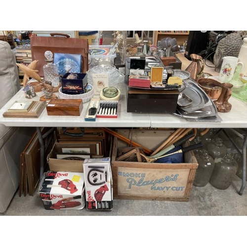 524 - Table top Ekco Hostess, assorted stainless steel trays and dishes, cut glass fruit bowls, copper fla... 