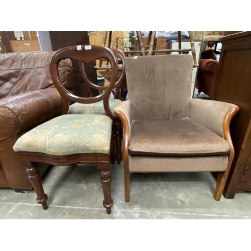 84 - Pair of Victorian mahogany balloon back chairs 44W and a mid century upholstered bedroom chair 80H 6... 