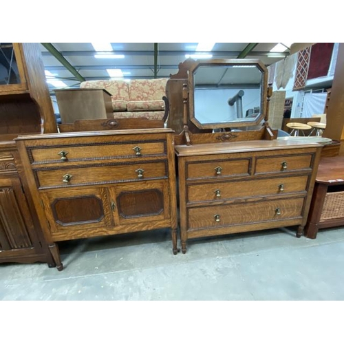 87 - Edwardian oak dressing chest 144H 103W 45D and a matching oak chest of two drawers/two doors 102H 88... 