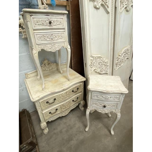 10 - French painted two drawer chest 90H 70W 50D and a pair of French painted bedside chests 74H 38W 32D