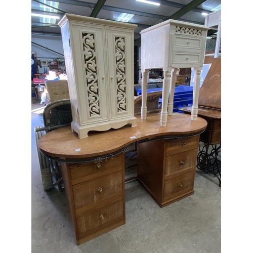 101 - 1930's oak kidney shaped dressing table 70H 132W 56D, cream two door cupboard 68H 45W 19D & a French... 