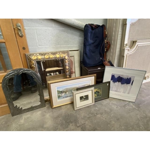 14 - Brown leather storage box, assorted framed pictures, mirrors etc