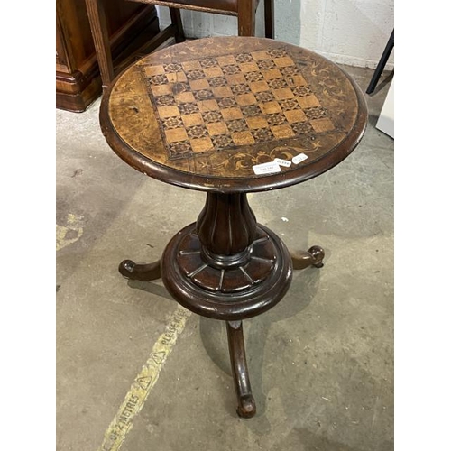 145 - Victorian walnut and boxwood inlaid, tripod games table 62H 45cm diameter