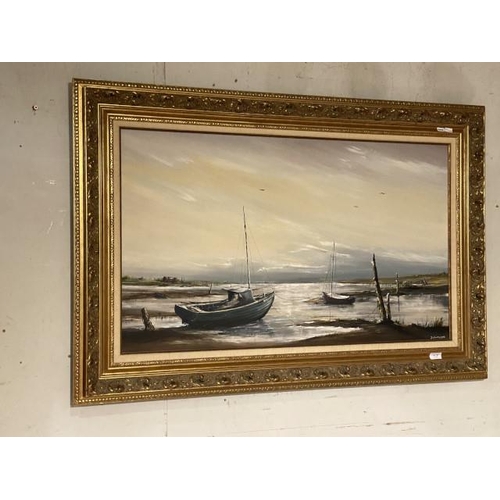 187 - Gilt framed costal oil on board signed to bottom right D. Southgate 84 x 124cm