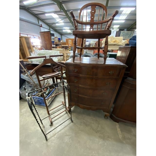 26 - Mahogany four drawer serpentine chest 102H 76W 49D, vintage oak gentleman's valet, metal umbrella st... 