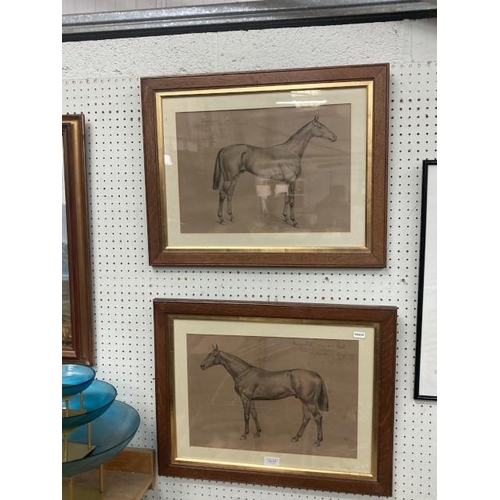 476 - Two oak framed lithograph facsimile drawings after Basil Nightingale, 1902 'Ambush II, Winner of the... 