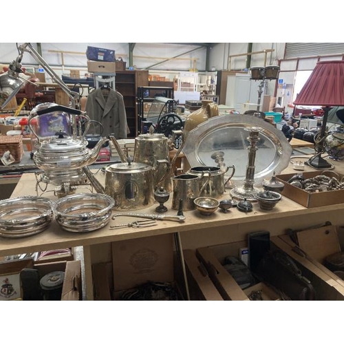 524 - Selection of silver plate inc. spirit kettle, 4 piece tea set, tureen handles, dagger, pair of coast... 