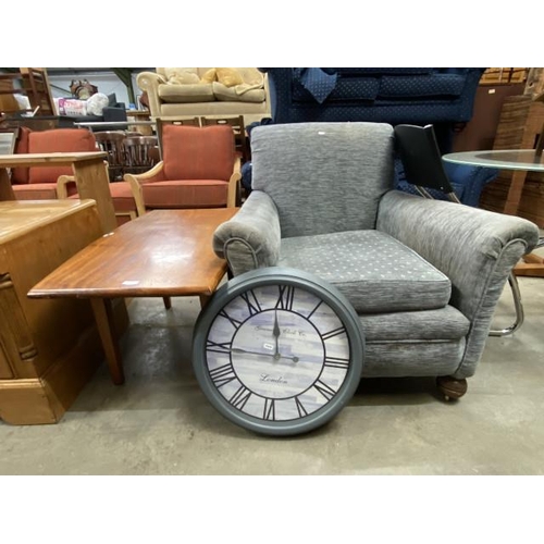 53 - Blue chenille upholstered lounge chair 90W, Greenwood Clock Co clock and a teak coffee table 48H 99W... 