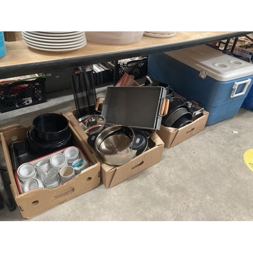 571 - Coleman coolbox, 3 boxes of assorted baking tins, saucepans, trays, pasta making machines, souffle d... 