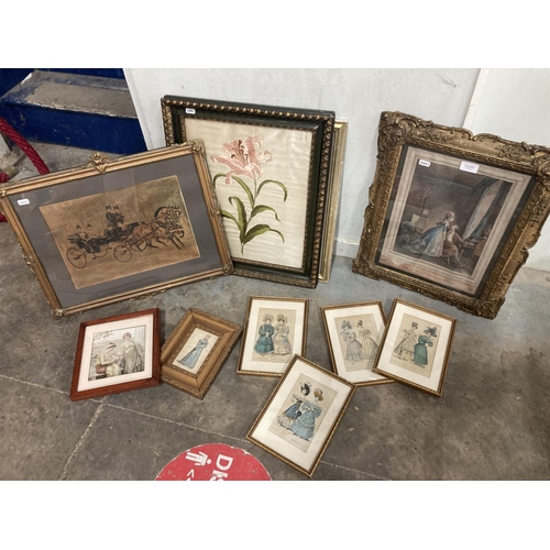 575 - 10 framed pictures inc. coloured etchings, embroidery, fashion etchings etc.