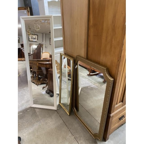 58 - Cream framed mirror 149 x 49cm and 2 gilt framed mirrors 96 x 35cm and 66 x 100cm