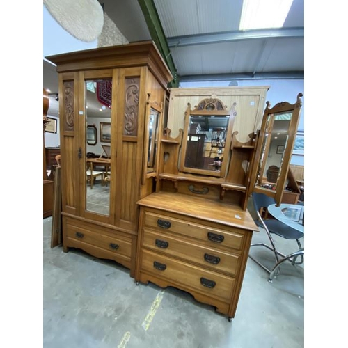 59 - Art Nouveau oak wardrobe 195H 106W 50D and a matching dressing chest 175H 134W 48D