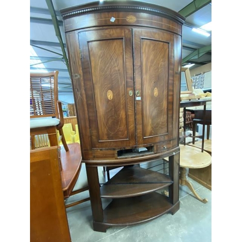 73 - Victorian mahogany inlaid corner cupboard (one drawer missing) 202H 104W 52D