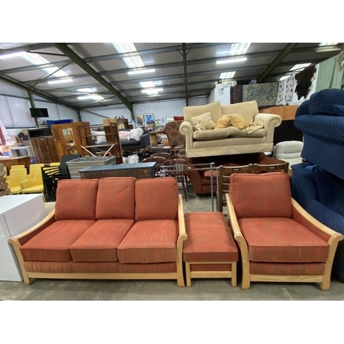 76 - Light oak framed 3 piece suite (settee 190W 91D, armchair 90W 91D and box footstool 42H 79W 52D)