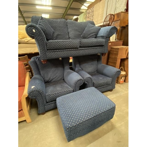 78 - Blue chenille upholstered 3 piece suite (settee 190W 100D and 2 armchairs 100W 100D)