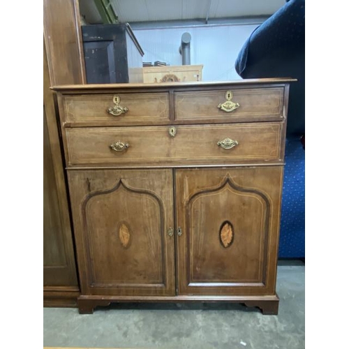 83 - 19th century mahogany inlaid gentleman's linen press with sliding trays 121H 111W 50D